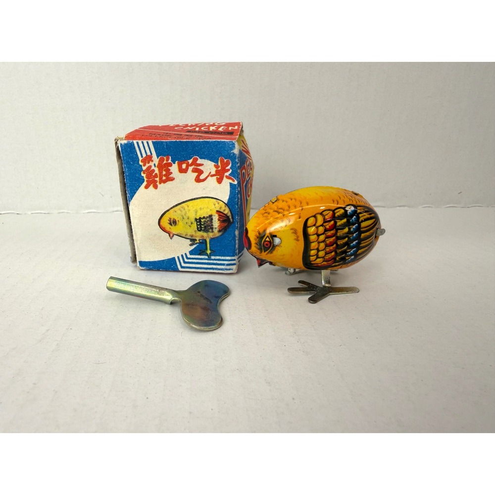 MS 006 Pecking Chicken Toy Yellow Good Vintage‎ Tin Wind Up Boxed